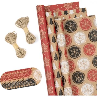 Ruspepa Geschenkpapier Rollen mit Juteschnur und Etiketten - 3 Rollen, Rot