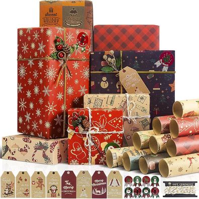 Larcenciel 10 Blatt Weihnachts-Geschenkpapier Set mit Anhängern, Aufklebern und