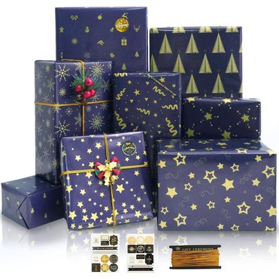 MAMUNU 8 Blatt Geschenkpapier Set, Blau mit Gold, 43x100cm, inkl. Packseil