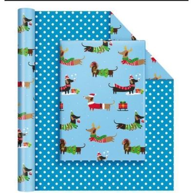 Wernnsai Weihnachts Geschenkpapier Rolle Blau Dackel Wendbar mit Punkten 43cm x