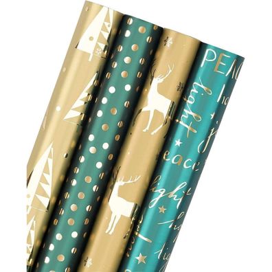 Ruspepa Geschenkpapierrolle - 4 Rollen Geschenkpapier in Grün & Gold mit