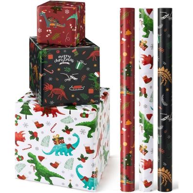 Wernnsai Dinosaurier Geschenkpapier Weihnachten - 3 Rollen 43 cm x 3 m für