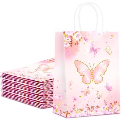 Chepula Papiertüten mit Henkel, 20 Stück, Rosa Schmetterling Kraftpapier