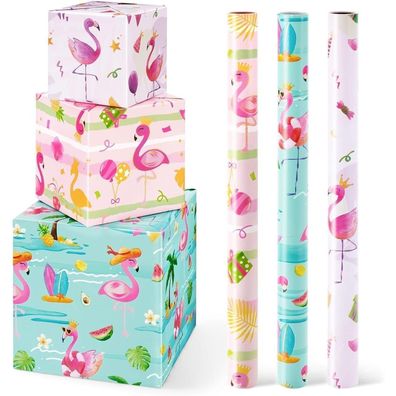 Wernnsai Flamingo Geschenkpapier - 3 Rollen, 43 cm x 3 m, Rosa, mit