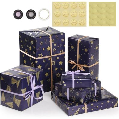 Bigqin Geschenkpapier Set (6 Blätter 50x70cm) mit Band & Aufklebern