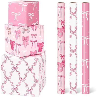 Wernnsai Geschenkpapier Mädchen - 3 Rollen Rosa Schleife Geschenkpapier für