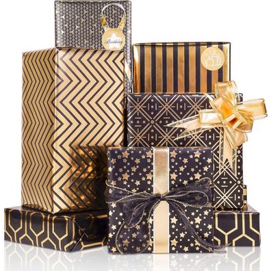 Larcenciel Geschenkpapier Set Schwarz-Gold, 6 Blatt mit Geschenkschleifen