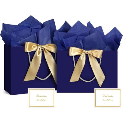 BBLIKE Geschenktüten 2 Stück Papiertüten mit Schleifenbändern, Grußkarten und