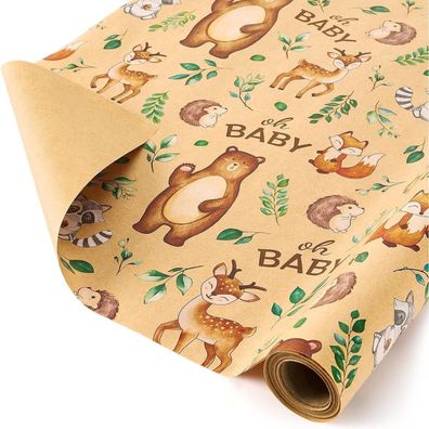 Wernnsai Baby Geschenkpapier aus Kraftpapier - 1 Rolle 43 cm x 10 m, wendbar