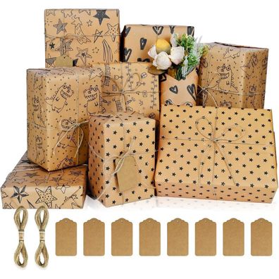 Geschenkpapier Set Öko Kraftpapier Geburtstag für Kinder, Mädchen, Jungen