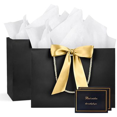 BBLIKE Geschenktüten 2 Stück Schwarz mit Schleifenbändern, Grußkarten