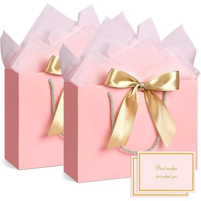 BBLIKE Geschenktüten 2 Stück Papiertüten mit Schleifenbändern, Grußkarten und