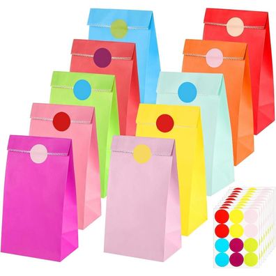 100 Stück bunte Papiertüten 18x9x6 cm, Geschenktüten klein mit 108 Aufklebern