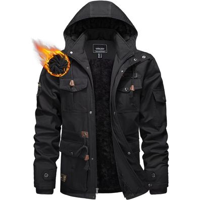 Kefitevd Herren Winterparka mit Fleece Futter und vielen Taschen, Schwarz