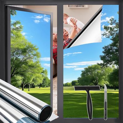 Zindoo Spiegelfolie Fensterfolie Silber Selbstklebend UV-Schutz Sichtschutz
