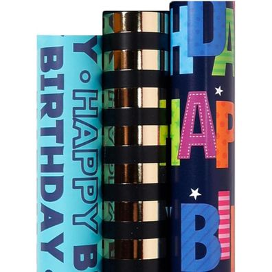Happy Birthday Geschenkpapier Rollen, Blau Schwarz, 3 Rollen (43x500cm pro