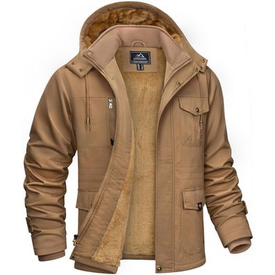 Kefitevd Herren Winterjacke Warm Gefüttert mit Abnehmbarer Kapuze, Khaki 3XL