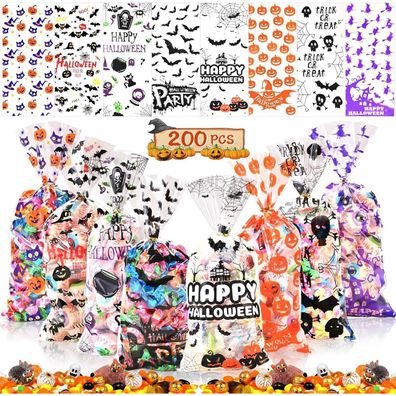 AhfuLife 200 Stück Halloween Tüten mit Bindebändern, 8 Styles Zellophantüten