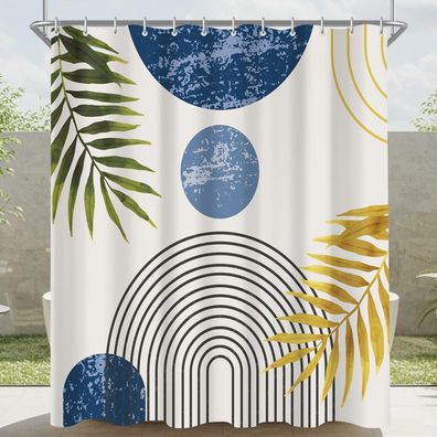 Lerores Duschvorhang 180x200 cm Blau Blätter Linie, Beschwerter Saum