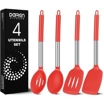 DaiRen Kitchen 4-teiliges Silikon Kochutensilien Set mit Edelstahlgriff
