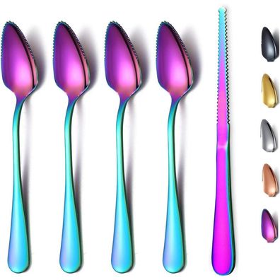 Homquen Regenbogen Grapefruitlöffel Set (5-teilig) - 4 Löffel & 1 Messer aus