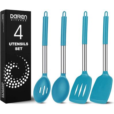 DaiRen Kitchen Silikon Pfannenwender und Kochlöffel Set, 4 Stück, Blau