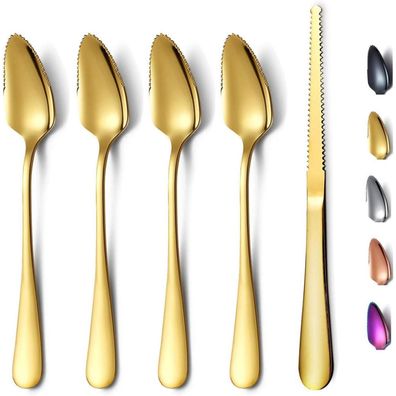 Homquen Gold Grapefruit Löffel Set (5 Stück) mit Messer - 4 Löffel, 1 Messer