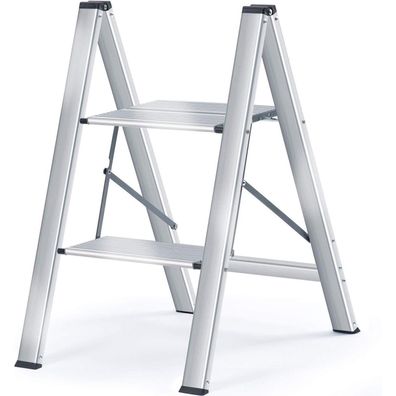 Kingrack Aluminium Stufenleiter Klapptrittleiter mit Handlauf, 2 Stufen, Silber