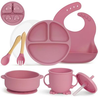 MOJINL Silikon Baby Geschirrset 7-teilig mit Saugnapf, BPA Frei, Rutschfest