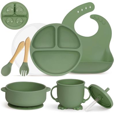 MOJINL Silikon Baby Geschirrset 7-teilig mit Saugnapf, BPA Frei, Grün