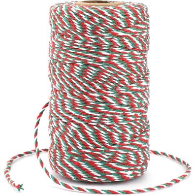 jijAcraft 100M Weihnachts-Dekokordel aus Baumwolle, 2mm, Rot Grün Weiß für