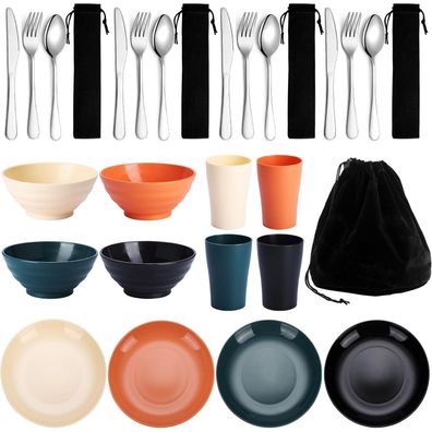 Kyraton Camping Besteck Set für 3-4 Personen: Teller, Becher & Edelstahlbesteck
