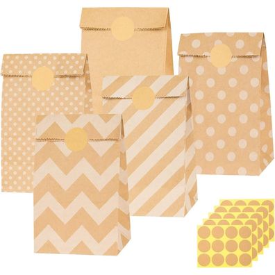 50 Stück Papiertüten Braun 13x24x8cm mit 60 Aufklebern für Geschenke
