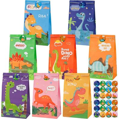 CSYY Dinosaurier Party Taschen, 16 Stück Geschenktüten Papier mit 24 Aufklebern
