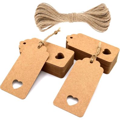 jijAcraft Kraftpapier Anhänger 50 Stück mit Juteschnur, 9.5x4.5cm, Braun