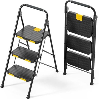 Kingrack Leiter 3 Stufen klappbar, Haushaltsleiter mit Handläufen und