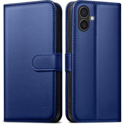EASDNB Handyhülle für iPhone 16 Plus, Königsblau - Leder Klapphülle mit 6
