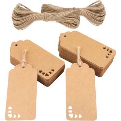 jijAcraft 100 Stück Geschenkanhänger aus Kraftpapier mit Juteschnur, 9,5 x 4,5