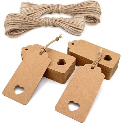 jijAcraft 100 Stück Geschenkanhänger aus Kraftpapier mit Juteschnur, 9,5 x 4,5