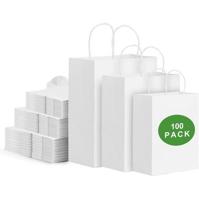 100 Stück weiße Papiertüten mit Henkel, Gemischte Größen, Kraftpapiertüten für