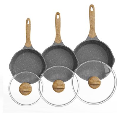 JEETEE Pfannenset 6-teilig mit Glasabdeckung, Bratpfannen 20cm, 24cm, 28cm