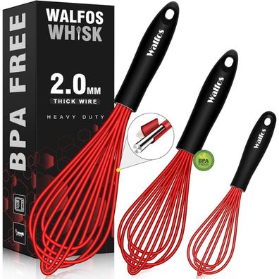 Walfos 3er Set Silikon Schneebesen Rot - Edelstahl Rührbesen für Küche