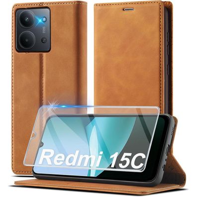 Ailicici Hülle für Xiaomi Redmi 15C 4G/5G mit Schutzfolie in Lederoptik