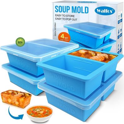 Walfos 4er Pack Silikon Gefriertablett mit Deckel, 1-Tasse Eiswürfelform für