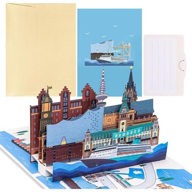 Joyoldelf Hamburg Pop Up Karte - 3D Reisegutschein Geschenkkarte für Hamburg
