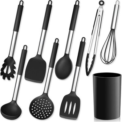 Herogo Küchenhelfer Set 9-teilig aus Silikon mit Edelstahlgriff und Halter