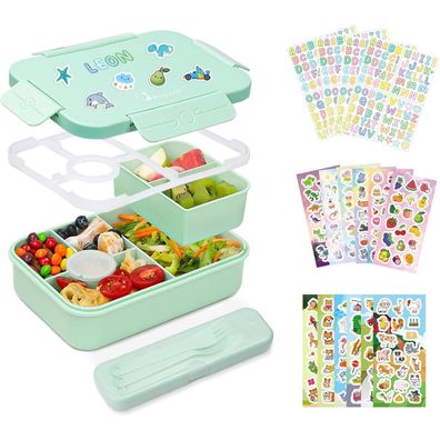 Bugucat Brotdose Kinder 1300ML, Auslaufsicher mit 6 Fächern, Besteckset & 16