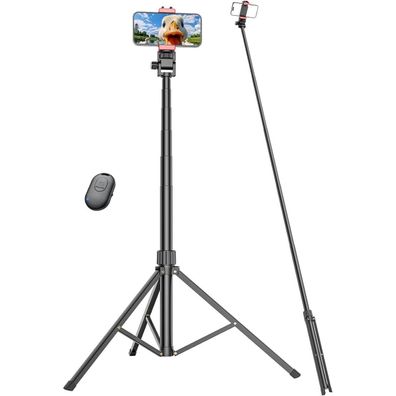 Pnitri Handy Stativ für Smartphone, 210cm, Aluminium, mit Fernauslöser, Schwarz