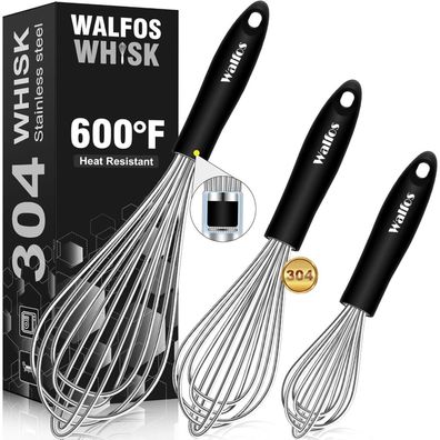 Walfos Schneebesen Set Edelstahl, 3-teilig (21cm, 23cm, 28cm), Rührbesen
