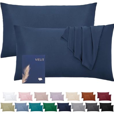 Vielit Kissenbezug 40x80 cm, 2er Set, Mikrofaser, Dunkelblau, Öko-Zertifiziert